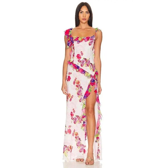 GUIZIO Avila Printed Ruffle Gown In Fuchsia - Picture 2 of 5